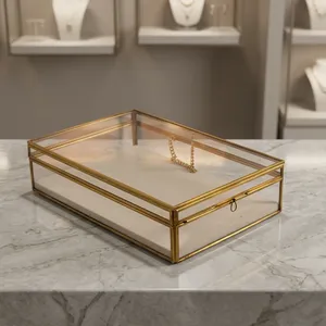 Artisan Design Glass & Brass <b>Mirror</b> Jewelry <b>Box</b> with Storage Organizer for Rings Necklaces Accessories Cosmetic Display - Product Image 1