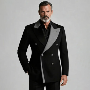 Blazer noir croisé pour homme avec revers contrastant gris, veste de costume formelle, style business décontracté - Product Image 6