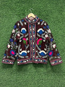 Woman Brown Velvet Suzani <b>Jacket</b> Multicolor Floral Embroidery Stand Collar Bohemian <b>Vintage</b> <b>Women</b> Outerwear - Product Image 3