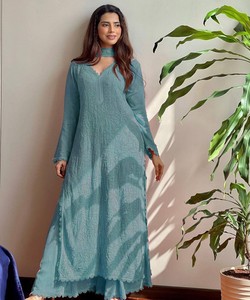 Kurta Georggete Turquesa para Mujer, Largo hasta el Suelo, Corte Holgado, Estilo Tradicional de India y Pakistán, Informal, para Todas las Temporadas, 62914 BE-170 - Product Image 1