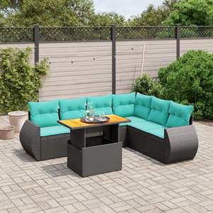 ชุดโซฟาลานบ้านหวายโพลีสีดำ 7 ชิ้นพร้อมชุดเบาะรองนั่งในสวน - Product Image 1