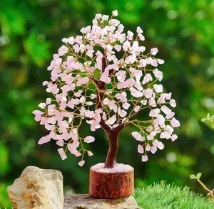 En kaliteli gül kuvars taşı ağacı toptan şifa şanslı gül kuvars kristal para ağaç Feng Shui Bonsai ağacı servet