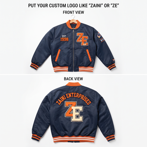 Chaqueta Bomber Unisex Premium de Nailon y Poliéster de 240 GSM, Resistente al Viento, Color Azul Marino y Naranja, con Parche de Letras de Chenilla Personalizado, Bordado OEM ODM - Product Image 1