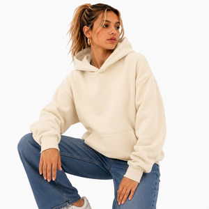 Sweat à capuche oversize crème pour femme, 100 % coton molletonné, épaules tombantes, coupe courte, couleur unie, pull décontracté avec poches - Product Image 4