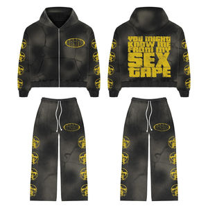 Survêtement unisexe noir streetwear à capuche délavé à l'acide uni |   Ensemble écologique respirant grande taille |   Prix de gros bon marché OEM - Product Image 1