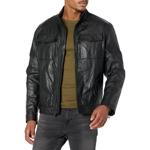 Blouson moto en cuir noir pour homme, col montant, fermeture éclair sur le devant, coupe classique, couleur unie, vêtement d'extérieur décontracté - Product Image 2