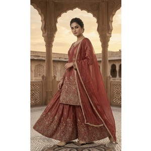 New Arrival Women Sharara Palazzo Set Heavy Crunchy Silk Fully Stitched <b>Top</b> Bottom Dupatta for <b>Festival</b> Wedding Party Wear - Product Image 1