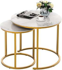 Table basse ronde blanche et or, tables d'appoint empilables aspect bois avec cadres métalliques robustes pour salon - Product Image 1