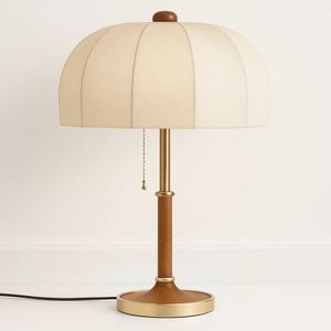Lampe de table KS International Mid Century avec abat-jour en tissu blanc cassé, luminaire suspendu en bois LED pour la décoration de la maison, salon - Product Image 1