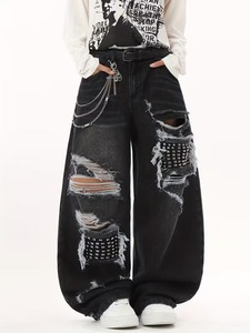 Jean large noir unisexe style rétro américain, clouté et vieilli, tendance streetwear hip-hop, polyvalent - Product Image 5