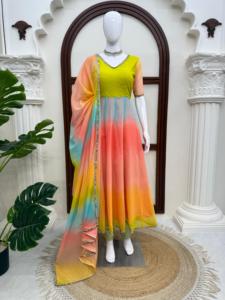 Conjunto de Anarkali de georgette sintético con encaje elegante y estampado digital de diseñador, con parte inferior y dupatta, completamente cosido y listo para usar. - Product Image 6
