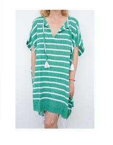 Vestido Kaftán Mini de Playa Tejido con Rayas Bohemias de Algodón Teñido en Hilo, Ecológico, con Cuello en V, Flecos, Transpirable y Asimétrico - Product Image 3
