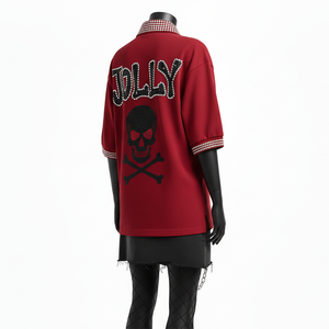 เสื้อโปโลผู้หญิงทรงโอเวอร์ไซส์ ระบายอากาศได้ดี ผ้าคอตตอนผสมโพลีเอสเตอร์ GSM หนา สีแดงเลือดหมู ตัดเย็บแบบแผง ลายคริสตัล พิมพ์ลายตามสั่ง เสื้อโปโลผู้หญิง - Product Image 5