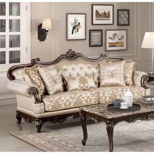 Set Divano e Poltrona in Legno Massello di Lusso, Design Tradizionale Formale, Finitura in Ciliegio con Finiture Dorate per Soggiorno - Product Image 2