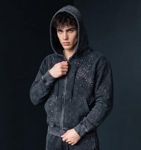 Sweat à capuche zippé noir pour homme de haute qualité avec strass, coupe droite, décontracté, pour l'automne, imprimé pailleté, en molleton bouclette, OEM - Product Image 1