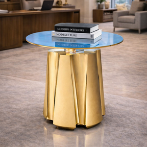 Table basse design moderne avec plateau en métal bleu trempé et colonne dorée audacieuse pour salon, meubles d'intérieur élégants - Product Image 3