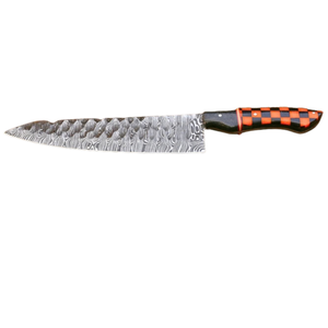 Couteau de chef à motif Damas argenté avec manche décoratif à carreaux orange et noir, couteau de cuisine à lame fixe pour la cuisson - Product Image 1