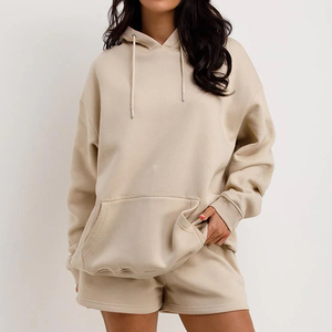 Sweat-shirt à capuche beige pour femme, manches longues, couleur unie, coupe ample, décontracté, pour l'automne, avec cordon de serrage et poches latérales - Product Image 2