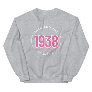 เสื้อสเวตเชิ้ตคอกลมสีชมพู Jack and Jill ลายพิมพ์วงกลม JJ ปี 1938 แบบยูนิเซ็กส์ เนื้อผ้านุ่ม สวมใส่สบาย แขนยาว เสื้อพูลโอเวอร์ ขายส่งเสื้อผ้า - Product Image 1