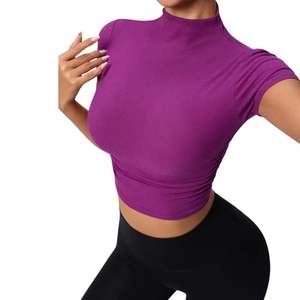 Top de Yoga Acanalado para Mujer, Corte Ajustado, Cuello Alto Simulado, Manga Corta, Top Corto, Nylon Spandex, Ropa Deportiva para Gimnasio, Fabricante OEM Personalizado - Product Image 1