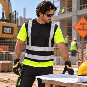 Men's <b>Hi</b> Visibility Reflective Work <b>T</b>-<b>Shirt</b> Black Yellow Short Sleeve Safety <b>Shirt</b> Polyester Construction Uniform - Product Image 3