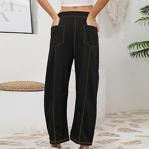 Pantalones de chándal holgados y cómodos de algodón 100% para mujer, estilo barrel, con cintura elástica y bolsillos, joggers de frente plano para primavera - Product Image 2