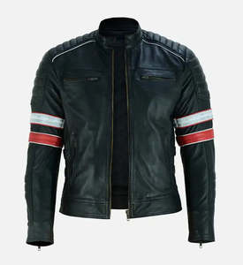 Veste en cuir sur mesure pour homme, noire, en cuir de vachette véritable, style Cafe Racer, veste de motard rétro, coupe ajustée, épaulettes rembourrées, vêtement d'extérieur rayé - Product Image 4