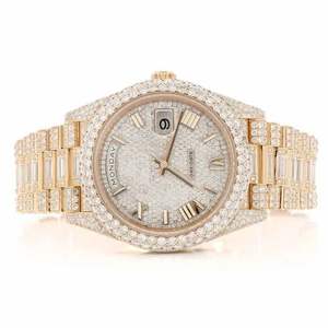 Montre de luxe en moissanite sertie de diamants, or jaune, automatique, mécanique, avec diamants baguette intégrés - Product Image 1