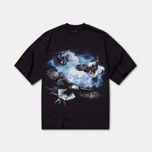 เสื้อยืดสีดำโอเวอร์ไซส์สำหรับผู้หญิง พิมพ์ลายอินทรี คอกลม ทรงหลวม แขนสั้น ผ้าฝ้ายเจอร์ซีย์ สำหรับฤดูใบไม้ผลิและฤดูร้อน - Product Image 2