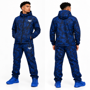 Conjunto de 2 piezas de chaqueta cortavientos con diseño de camuflaje azul, estampado abstracto de alta calidad, nailon personalizado, con cremallera, reflectante, deportivo, para hombre. - Product Image 1