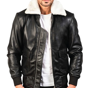 Veste en cuir noir élégante avec col en fourrure blanche, en cuir de mouton de qualité supérieure, chaude et confortable pour l'hiver, vêtement d'extérieur tendance. - Product Image 1