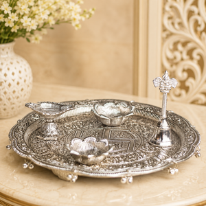 Traditional Silver Polished Embossed <b>Pooja</b> Thali Set with Aarti Deepak Bell for Home <b>Mandir</b> Diwali Handmade Festive Decor - Product Image 3