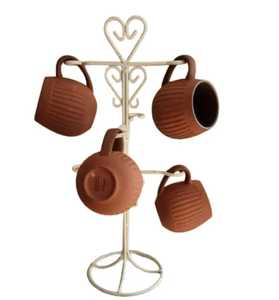 Metal Mug Stand with Curved Hooks Stable Base Hanging White Ceramic Coffee Mugs Embossed Pattern <b>Kitchen</b> Organizer - Product Image 6