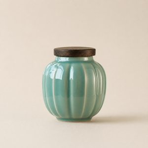 Artisan Ceramic <b>Spice</b> Jar Wooden Lid Ribbed Design Airtight <b>Storage</b> Canister Decorative Kitchen Counter Organizer Premium Style - Product Image 1