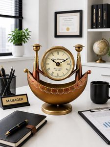 Golden Apple Circular Desk <b>Clock</b> with Pen Holder Brass Modern Design Mechanical Movement Hourly Chiming <b>Office</b> Decor - Product Image 3