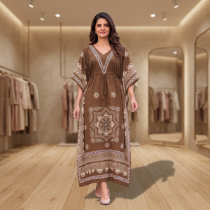 Magnifique robe kaftan bohème marron avec broderie blanche, coupe ample, longueur au sol, pour femmes, tenue décontractée, style Inde Pakistan. - Product Image 5