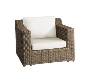 Fauteuil d'extérieur en osier avec coussin blanc, canapé de jardin contemporain une place en rotin PE, mobilier imperméable - Product Image 1