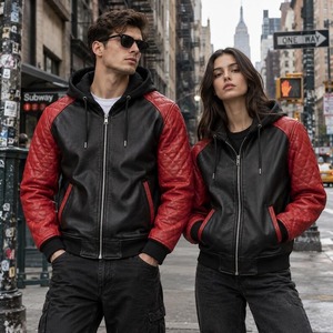 Veste à capuche unisexe en cuir noir et rouge avec manches matelassées et poignets en tricot côtelé - Product Image 4
