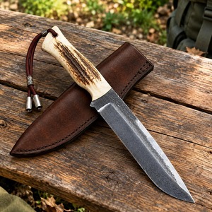 Cuchillo de caza de hoja fija de acero de alto carbono hecho a mano, con clip de sujeción, 10 pulgadas, 0.5mm de grosor, funda de cuero marrón, OEM - Product Image 6