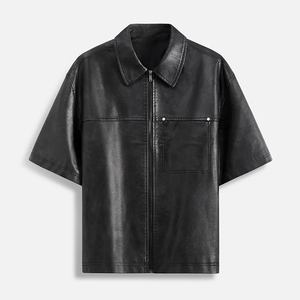 Men's PU Leather <b>Jacket</b> <b>Short</b> <b>Sleeved</b> Leather Zipper Men'S Casual <b>Short</b> <b>Sleeved</b> Leather <b>Jacket</b> Retro American Loose Black Shirt - Product Image 1