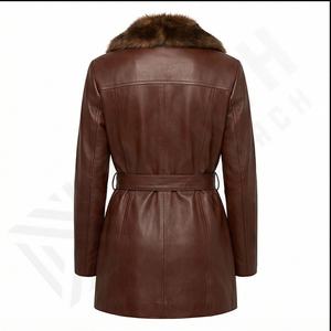 Manteau long en cuir pour femme, coupe ajustée, hiver 2025, avec col en cuir d'agneau, tricoté, respirant, personnalisable - Product Image 3