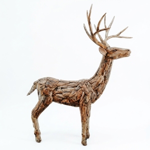 Handcrafted <b>wooden</b> reindeer boy sculpture <b>rustic</b> teak driftwood stag animal statue antlers floor decoration space unit layout - Product Image 1