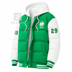 Custom Iota Phi Lambda sorority Puffer <b>jacket</b> embroidered logo on front green and <b>white</b> color full sleeve <b>jacket</b> <b>for</b> female - Product Image 2