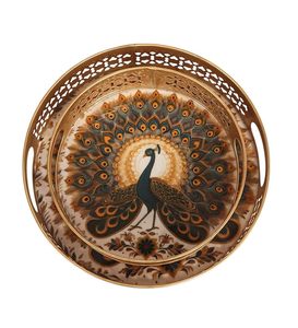 Bandeja decorativa redonda de metal azul estilo Pichhwai para servir - Product Image 1