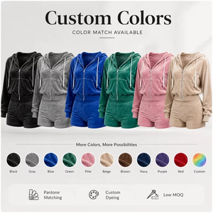 Ensemble de survêtement en velours pour femme, sweat à capuche et short, manches longues, fermeture éclair sur le devant, 2 pièces, décontracté, couleur unie, toutes saisons - Product Image 3