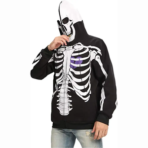 Sweat-shirts à capuche zippés intégraux imprimé squelette noir, grandes tailles, en mélange de coton, manches raglan, polaire délavée, style rétro athlétique streetwear - Product Image 3