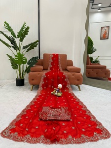 Elegant <b>Red</b> Embroidered <b>Saree</b> With Blouse Traditional Indian Wedding Wear For Women From Samp Corporation - Product Image 5