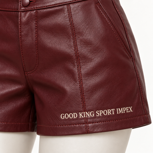 Custom Women High <b>Waist</b> PU Faux Leather Shorts Burgundy Wine Red Vegan Leather Short Pants With Pockets OEM Private Label Makers - Product Image 3
