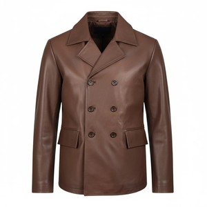 <b>Men's</b> Luxury Chocolate Brown <b>Leather</b> <b>Blazer</b> Double Breasted Wide Notch Lapel Business Casual Suit Jacket OEM Wholesale Supplier - Product Image 1