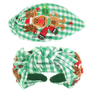 Serre-tête en tissu écossais de créateur pour femme, orné de perles faites à la main, d'un motif de fleur et d'un nœud, accessoire de coiffure - Product Image 1